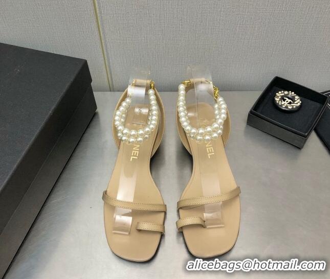 Trendy Design Chanel Lambskin Heel Sandals with Pearls Ankle Strap Beige 423002