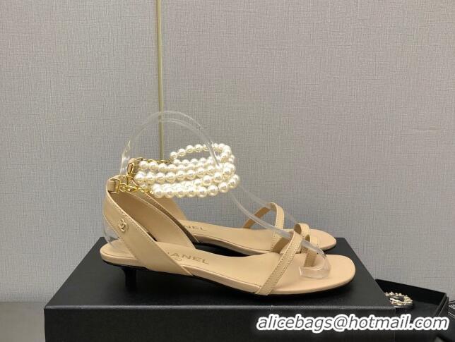 Trendy Design Chanel Lambskin Heel Sandals with Pearls Ankle Strap Beige 423002