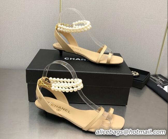 Trendy Design Chanel Lambskin Heel Sandals with Pearls Ankle Strap Beige 423002