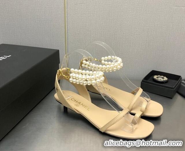 Trendy Design Chanel Lambskin Heel Sandals with Pearls Ankle Strap Beige 423002