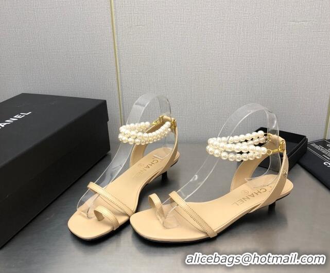 Trendy Design Chanel Lambskin Heel Sandals with Pearls Ankle Strap Beige 423002