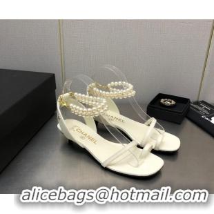 Low Cost Chanel Lambskin Heel Sandals with Pearls Ankle Strap White 0423003