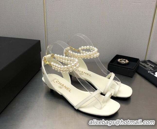 Low Cost Chanel Lambskin Heel Sandals with Pearls Ankle Strap White 0423003