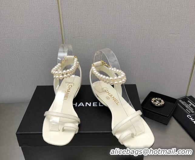 Low Cost Chanel Lambskin Heel Sandals with Pearls Ankle Strap White 0423003