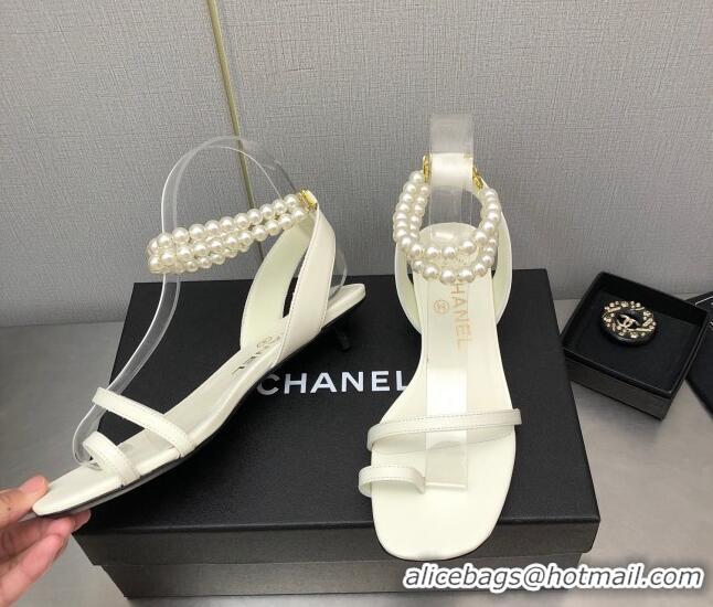 Low Cost Chanel Lambskin Heel Sandals with Pearls Ankle Strap White 0423003