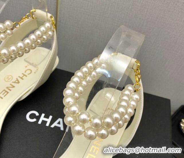 Low Cost Chanel Lambskin Heel Sandals with Pearls Ankle Strap White 0423003