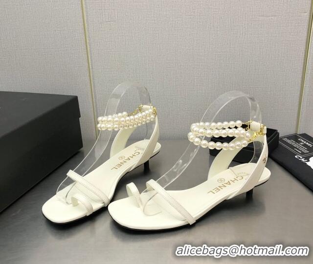 Low Cost Chanel Lambskin Heel Sandals with Pearls Ankle Strap White 0423003