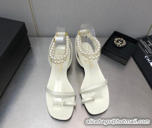 Low Cost Chanel Lambskin Heel Sandals with Pearls Ankle Strap White 0423003