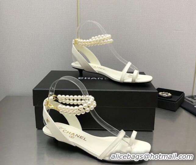 Low Cost Chanel Lambskin Heel Sandals with Pearls Ankle Strap White 0423003