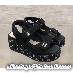 Charming Chanel Tweed Wedge Sandals with Crystals and Letters Black 0423004