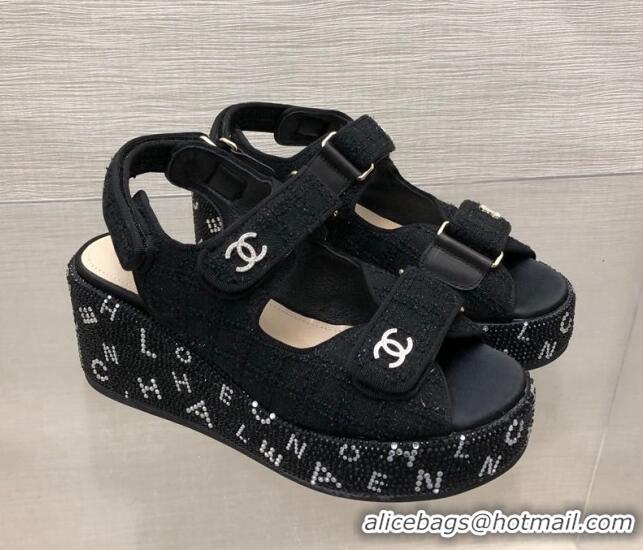 Charming Chanel Tweed Wedge Sandals with Crystals and Letters Black 0423004