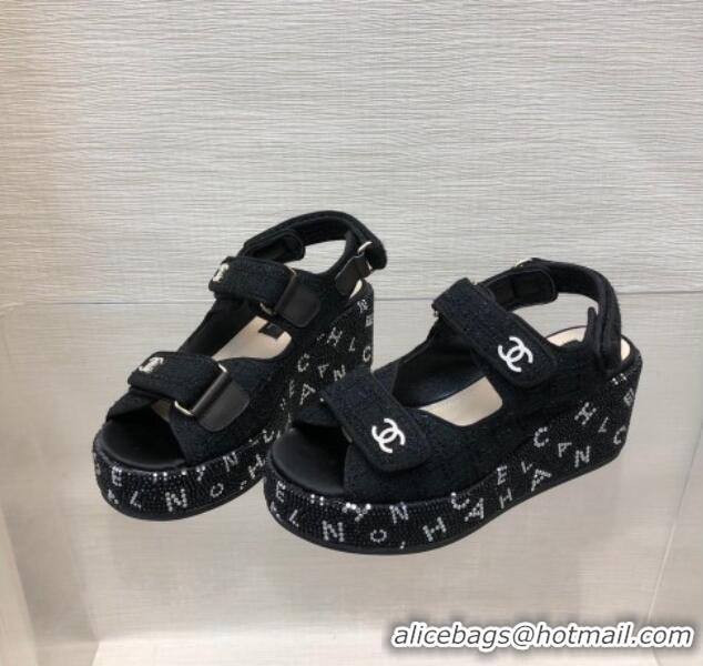 Charming Chanel Tweed Wedge Sandals with Crystals and Letters Black 0423004