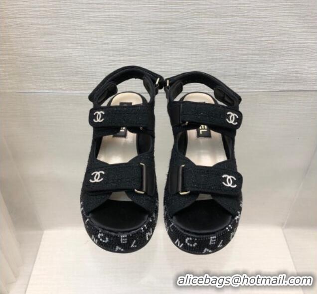 Charming Chanel Tweed Wedge Sandals with Crystals and Letters Black 0423004