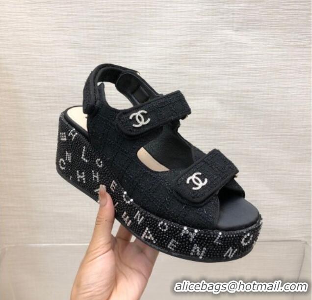 Charming Chanel Tweed Wedge Sandals with Crystals and Letters Black 0423004