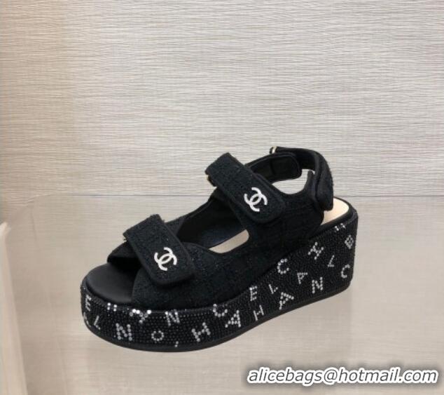 Charming Chanel Tweed Wedge Sandals with Crystals and Letters Black 0423004