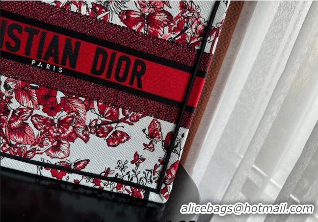 Pretty Style Dior Medium Book Tote Bag Bag in Le Cœur des Papillons Embroidery CD5078 White and Red 2024