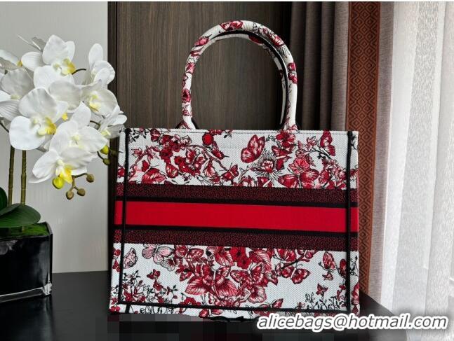 Pretty Style Dior Medium Book Tote Bag Bag in Le Cœur des Papillons Embroidery CD5078 White and Red 2024