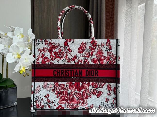 Promotional Dior Large Book Tote Bag Bag in Le Cœur des Papillons Embroidery CD5078 White and Red 2024