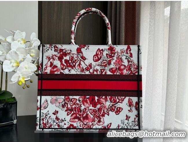 Promotional Dior Large Book Tote Bag Bag in Le Cœur des Papillons Embroidery CD5078 White and Red 2024