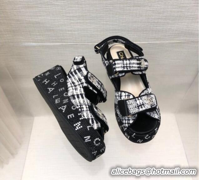 Big Enough Chanel Tweed Wedge Sandals with Crystals and Letters Black/White 423005