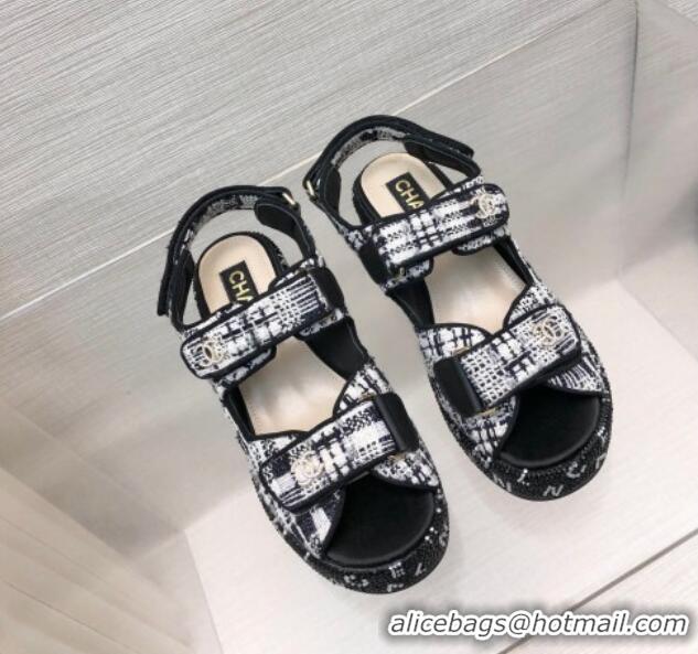 Big Enough Chanel Tweed Wedge Sandals with Crystals and Letters Black/White 423005