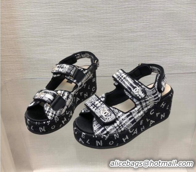 Big Enough Chanel Tweed Wedge Sandals with Crystals and Letters Black/White 423005