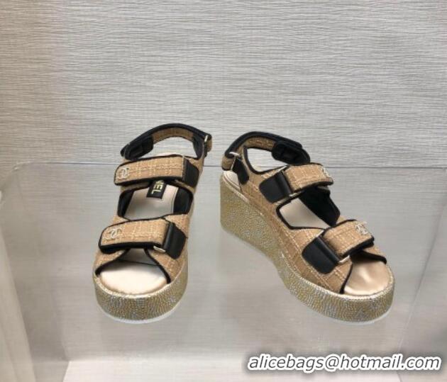 Stylish Chanel Tweed Wedge Sandals with Crystals and Letters Beige 0423006