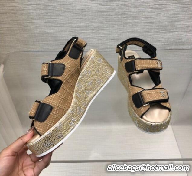 Stylish Chanel Tweed Wedge Sandals with Crystals and Letters Beige 0423006