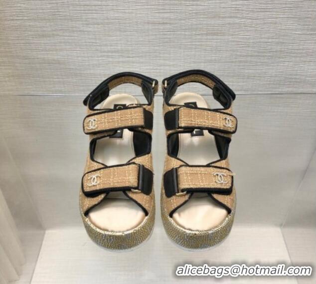 Stylish Chanel Tweed Wedge Sandals with Crystals and Letters Beige 0423006