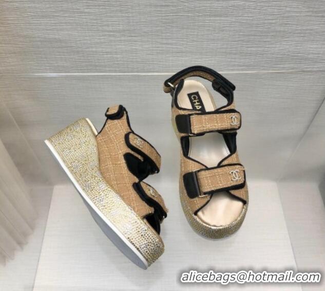 Stylish Chanel Tweed Wedge Sandals with Crystals and Letters Beige 0423006