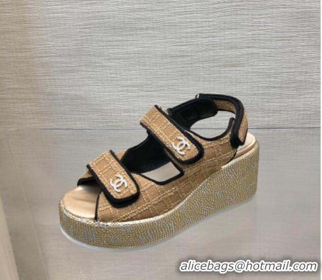 Stylish Chanel Tweed Wedge Sandals with Crystals and Letters Beige 0423006