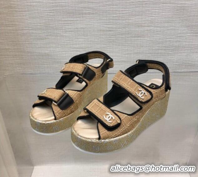 Stylish Chanel Tweed Wedge Sandals with Crystals and Letters Beige 0423006