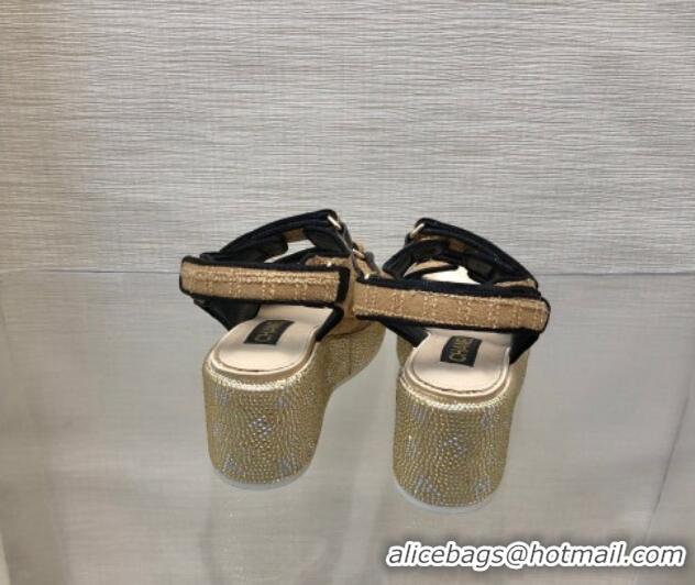 Stylish Chanel Tweed Wedge Sandals with Crystals and Letters Beige 0423006