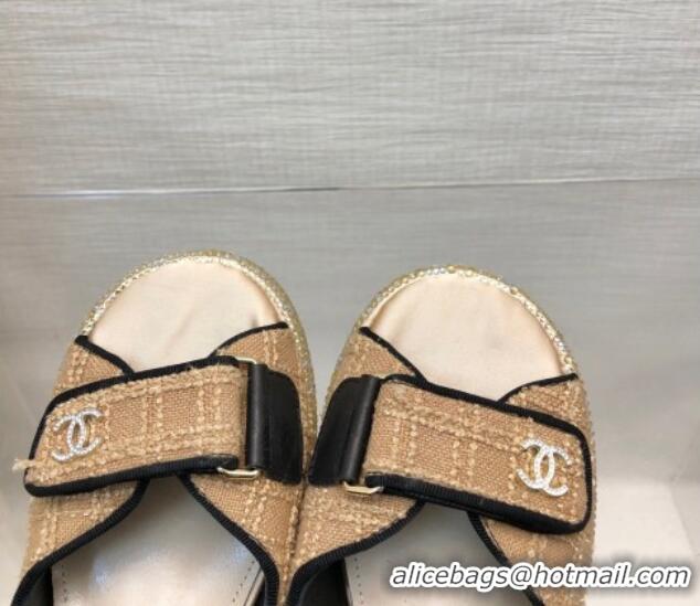 Stylish Chanel Tweed Wedge Sandals with Crystals and Letters Beige 0423006