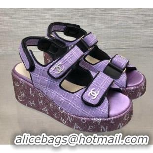 Perfect Chanel Tweed Wedge Sandals with Crystals and Letters Purple 0423007