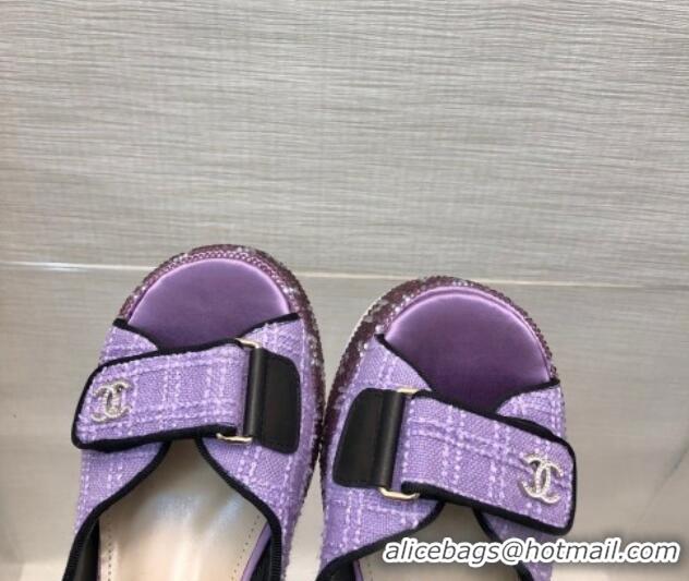 Perfect Chanel Tweed Wedge Sandals with Crystals and Letters Purple 0423007