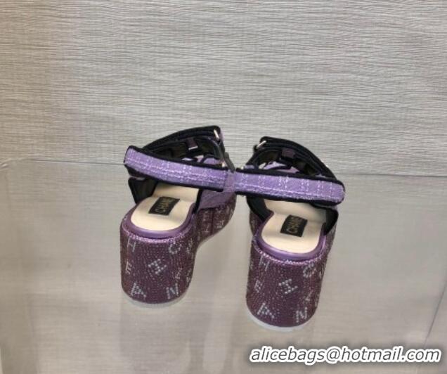 Perfect Chanel Tweed Wedge Sandals with Crystals and Letters Purple 0423007