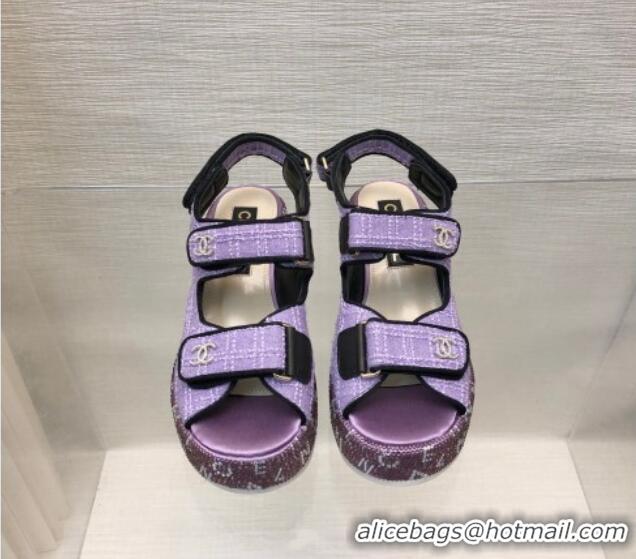 Perfect Chanel Tweed Wedge Sandals with Crystals and Letters Purple 0423007