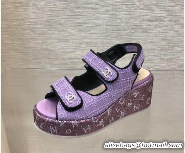 Perfect Chanel Tweed Wedge Sandals with Crystals and Letters Purple 0423007