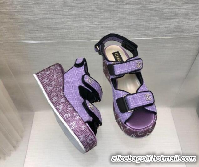 Perfect Chanel Tweed Wedge Sandals with Crystals and Letters Purple 0423007