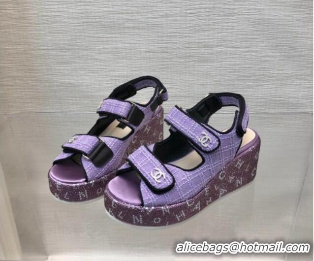 Perfect Chanel Tweed Wedge Sandals with Crystals and Letters Purple 0423007