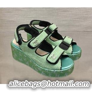 Sophisticated Chanel Tweed Wedge Sandals with Crystals and Letters Green 0423008