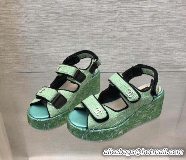 Sophisticated Chanel Tweed Wedge Sandals with Crystals and Letters Green 0423008