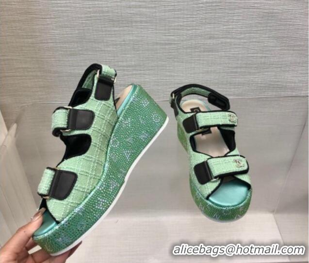 Sophisticated Chanel Tweed Wedge Sandals with Crystals and Letters Green 0423008