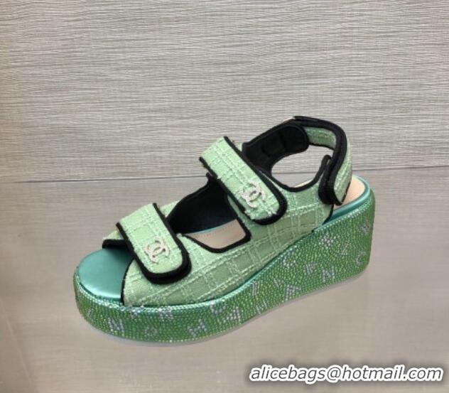 Sophisticated Chanel Tweed Wedge Sandals with Crystals and Letters Green 0423008