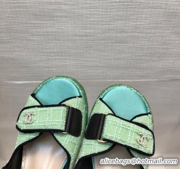 Sophisticated Chanel Tweed Wedge Sandals with Crystals and Letters Green 0423008