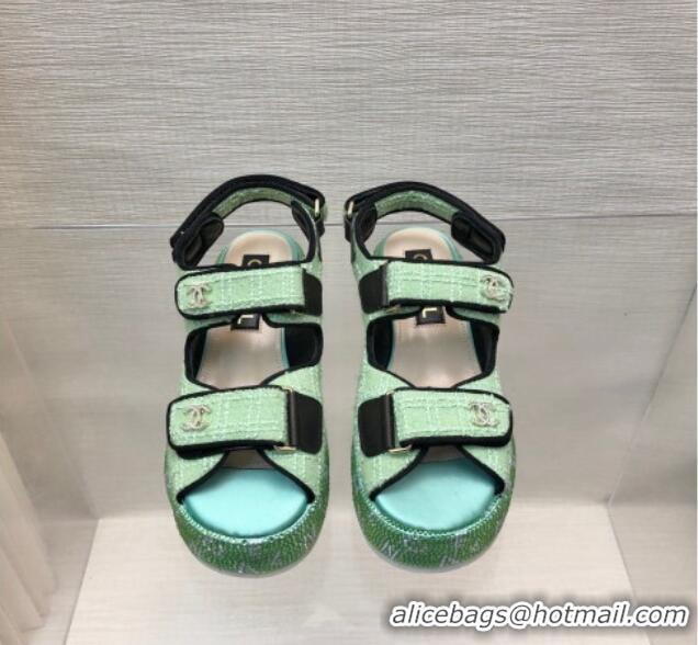 Sophisticated Chanel Tweed Wedge Sandals with Crystals and Letters Green 0423008