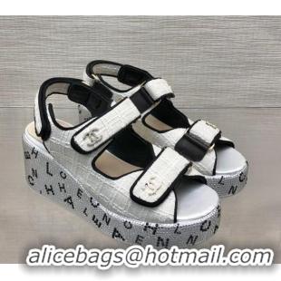 Best Price Chanel Tweed Wedge Sandals with Crystals and Letters White 423009