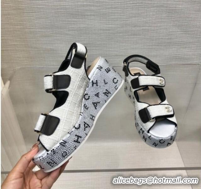 Best Price Chanel Tweed Wedge Sandals with Crystals and Letters White 423009