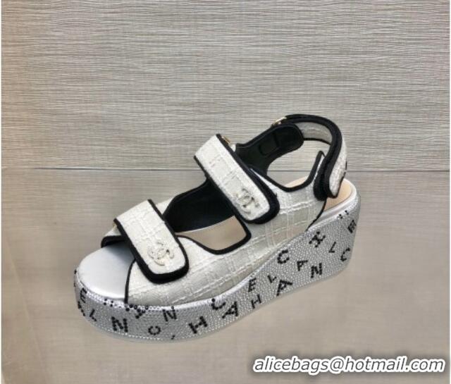 Best Price Chanel Tweed Wedge Sandals with Crystals and Letters White 423009